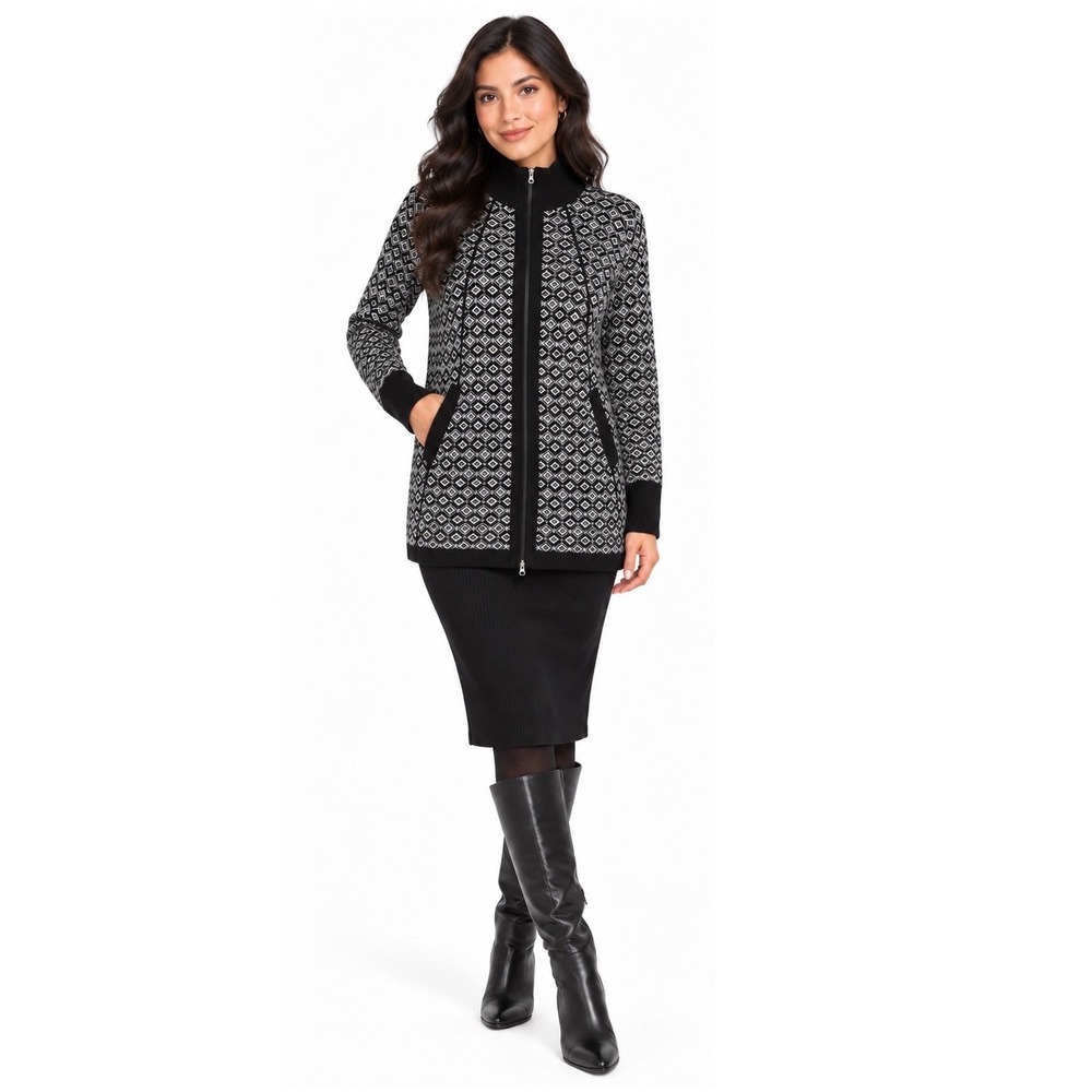 Cynthia Rowley Black White Geometric Knit Full Zip Cardigan Sweater Large 113-07